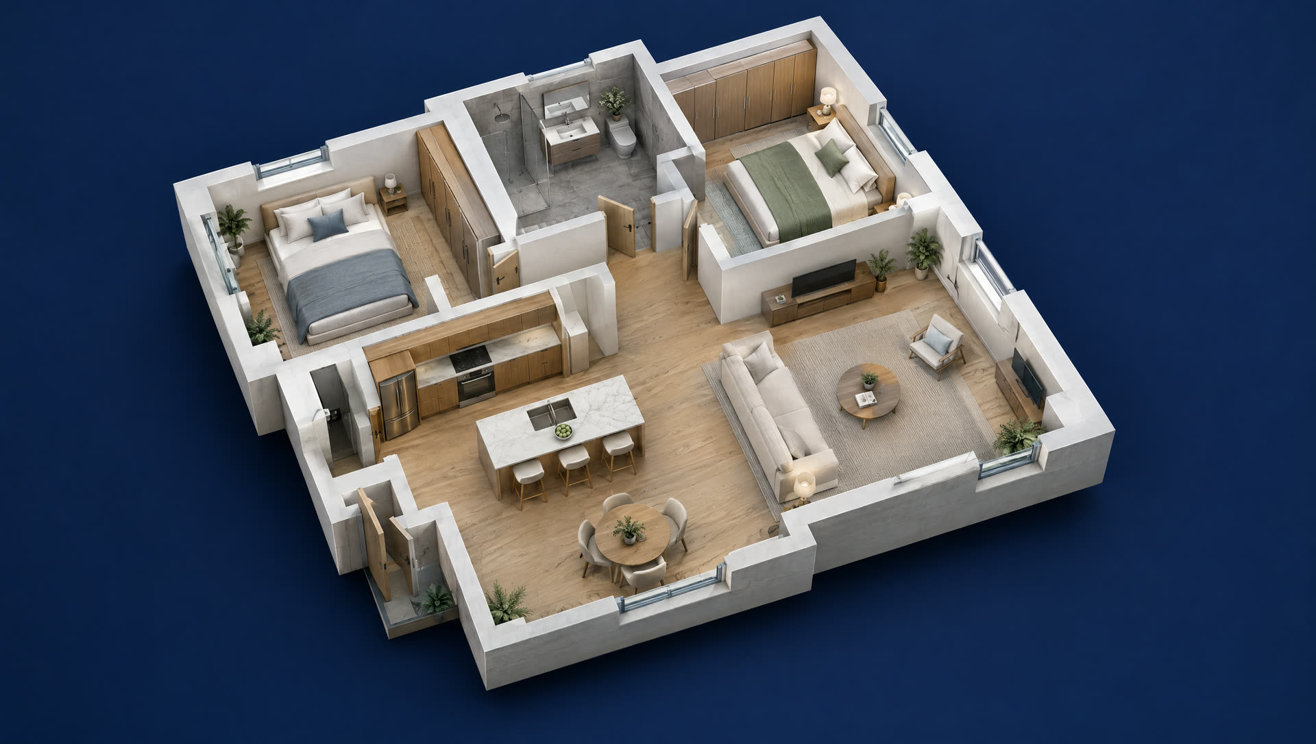 Planimetria 3D renderizzata di un appartamento, vista assonometrica con arredi e materiali reali