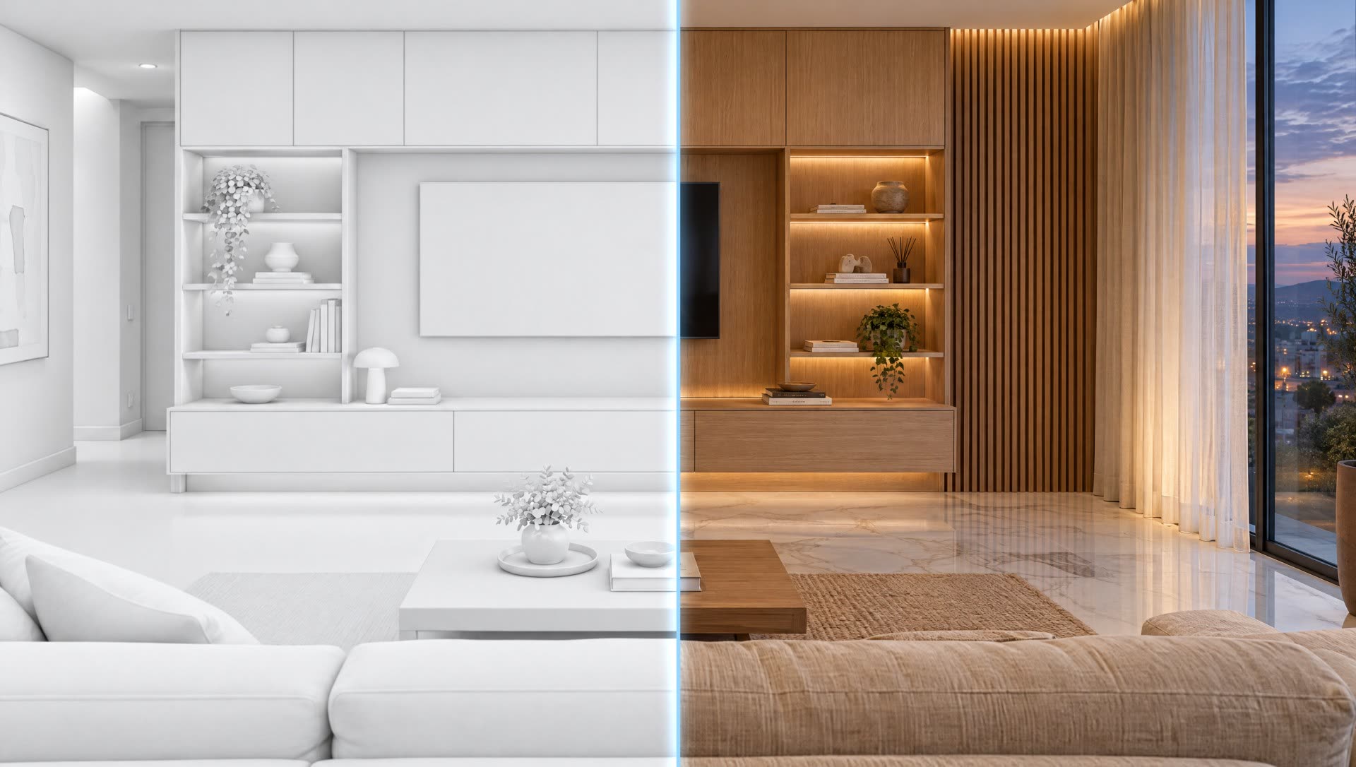 Un soggiorno con parete attrezzata diviso a metà: a sinistra modello bianco in vista Arctic, a destra render finito in rovere