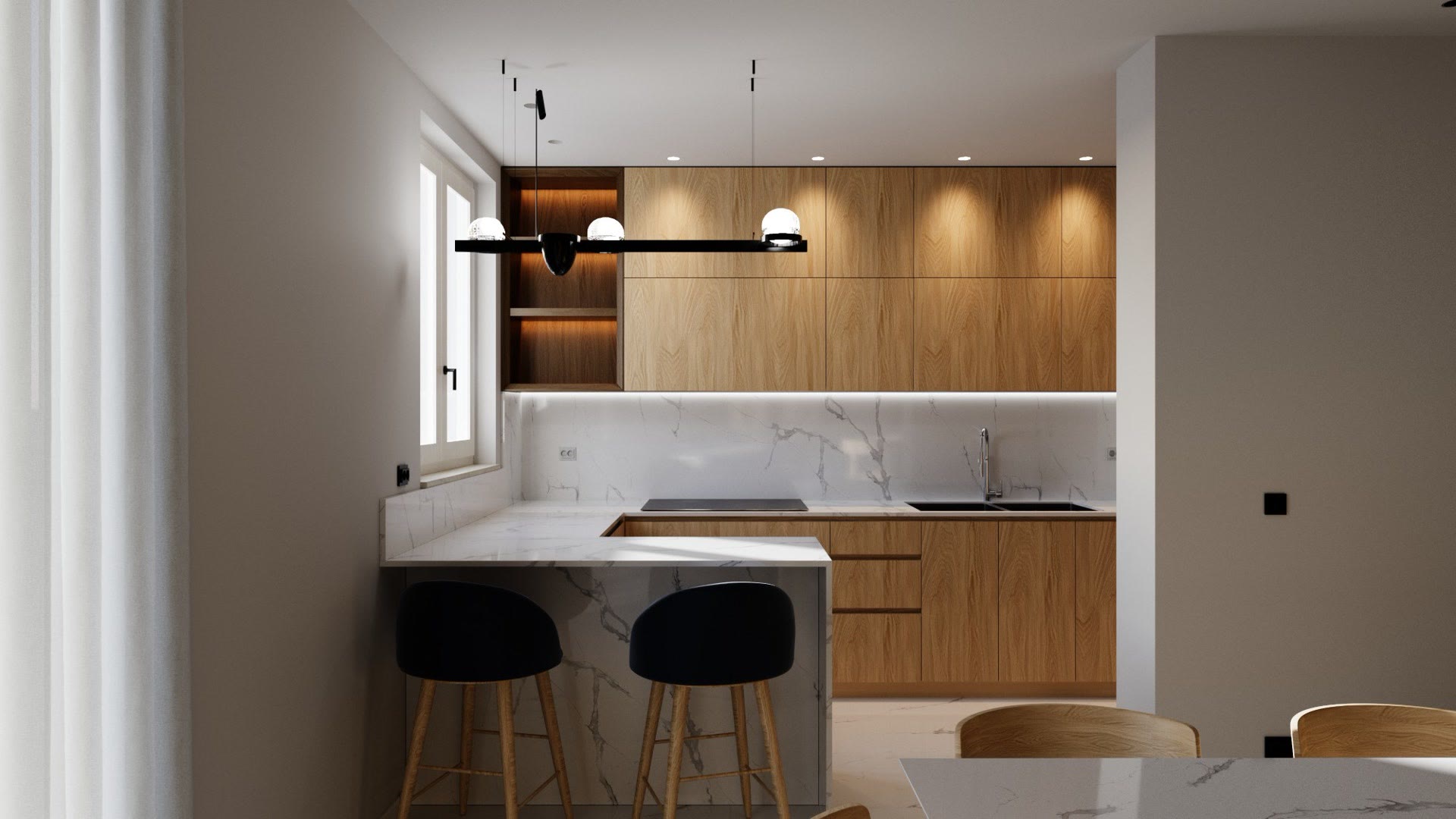 Render della cucina di Casa AN: pensili in rovere, nicchia illuminata, piano e penisola in gres effetto marmo