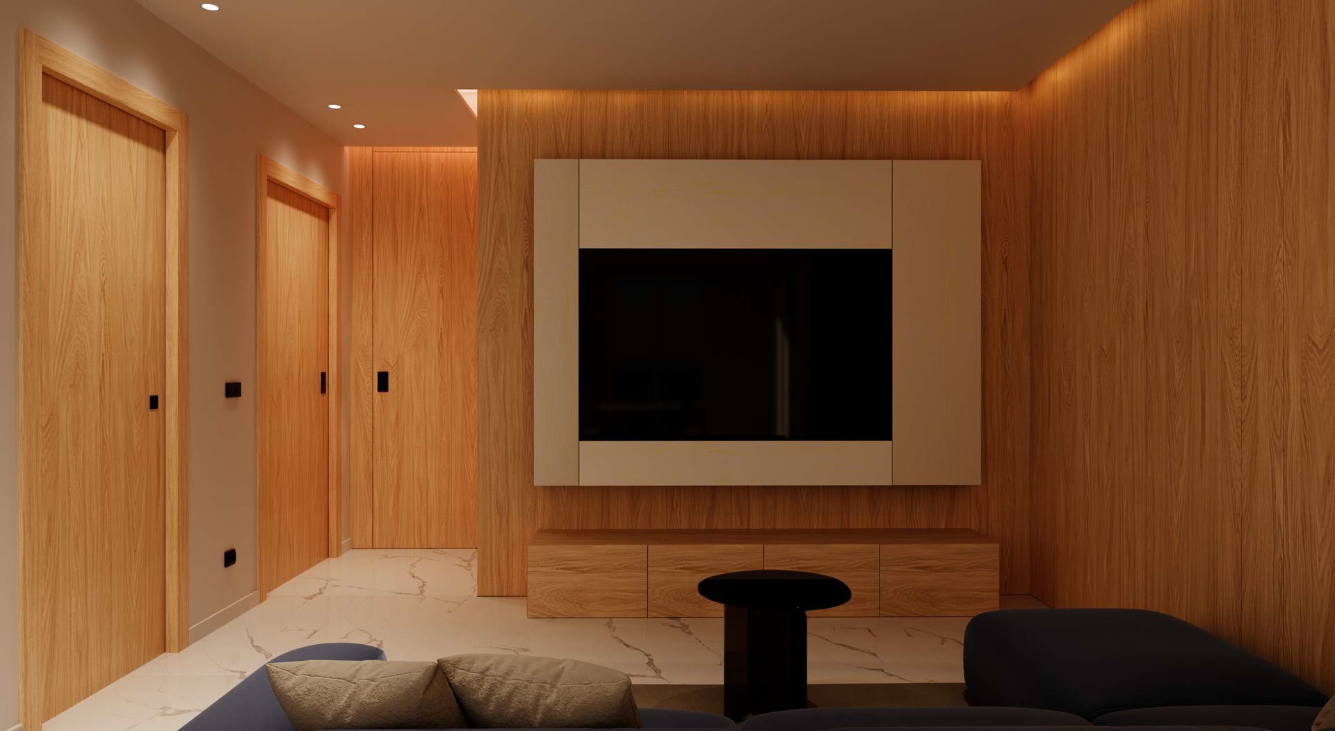 Casa AN: soggiorno con parete in rovere e luce calda