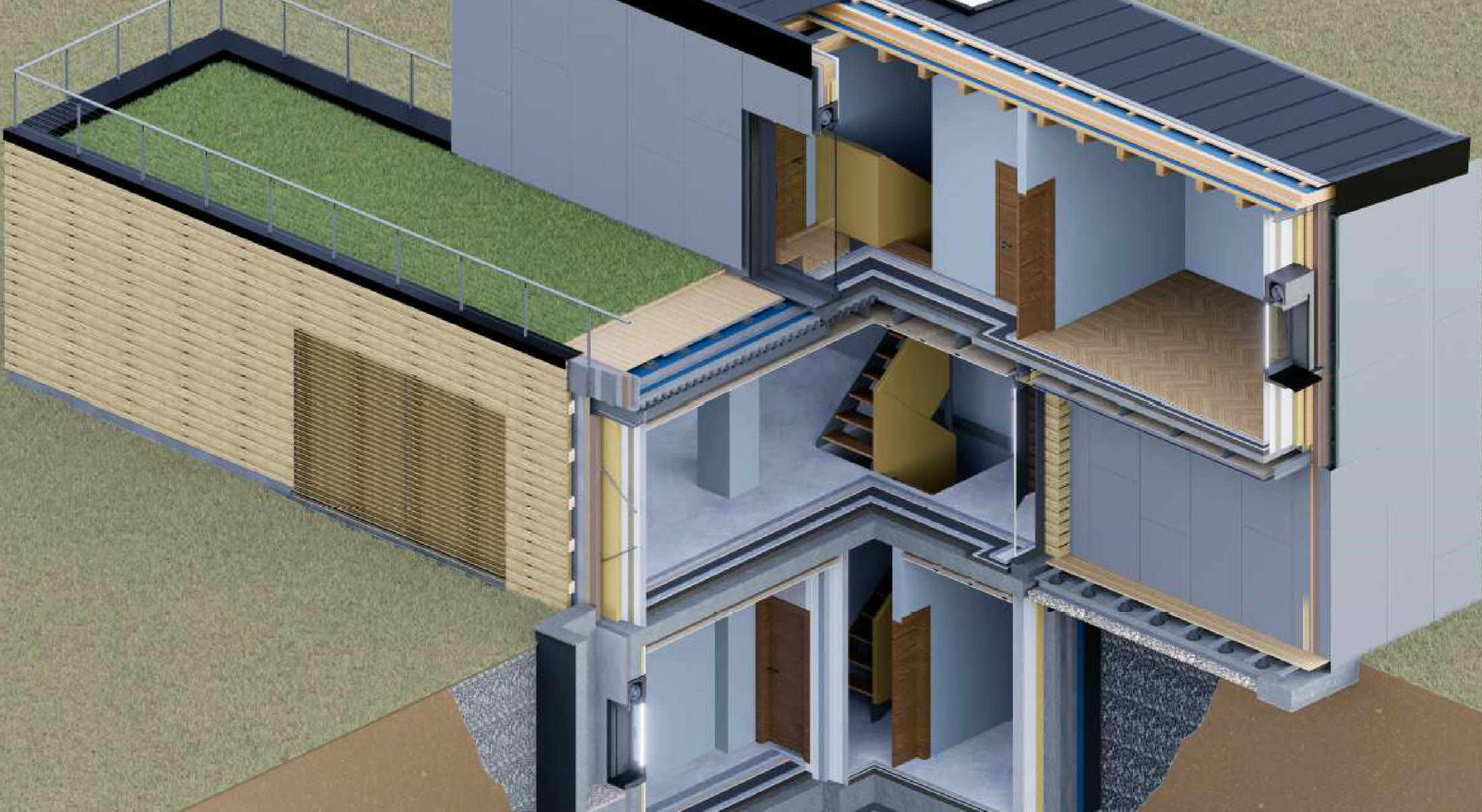Villa S/R: spaccato assonometrico con stratigrafie e tetto giardino
